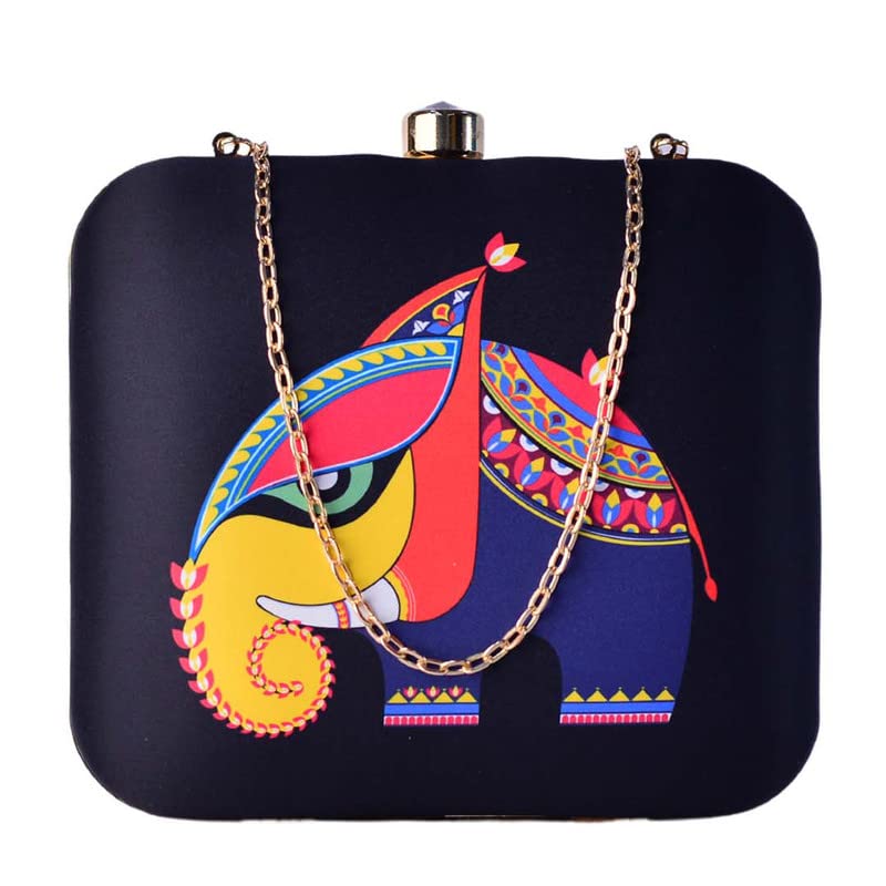 Artklim Multicolor Elephant Printed Box Clutch Bag - Designer Evening Purse - Sling Handbag with Detachable Strap Chain for Weddings & Festive Occasions