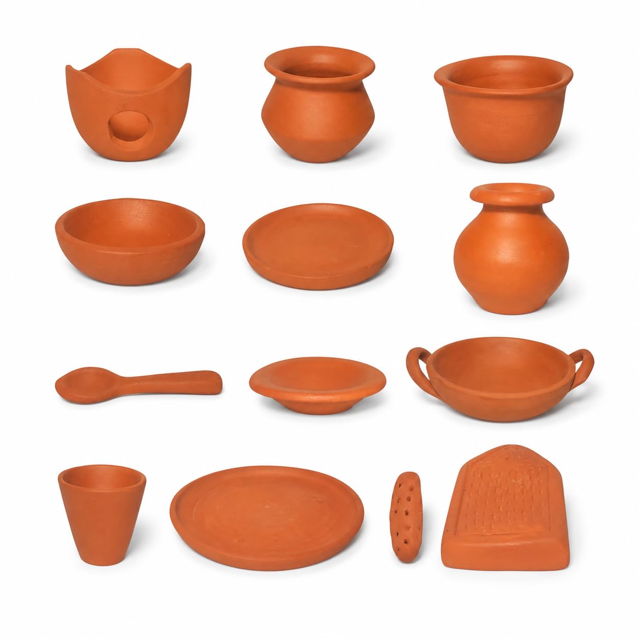 PUSPA Handmade Real Cooking Miniature Terracotta Kitchen Set for Kids | Premium Clay Utensils Toy Set - 13 Pieces (Light Brown, Matte Finish)-image-36