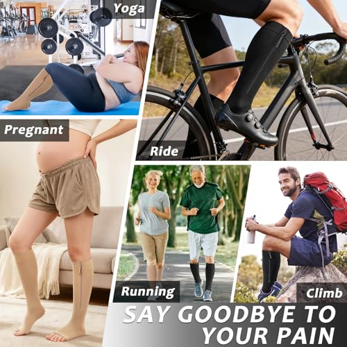 Image of Ailaka Zipper Compression Socks for Women Men, 20-30 mmHg Open Toe Compression Socks Knee High, Ted Hose Compression Stockings for Edema, Varicose Veins