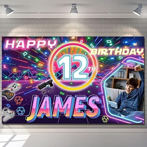 Birthday Backdrop Background Banner Personalised retro video game console joystick children kids boy girl Poster Fabric Party Decorations Cover