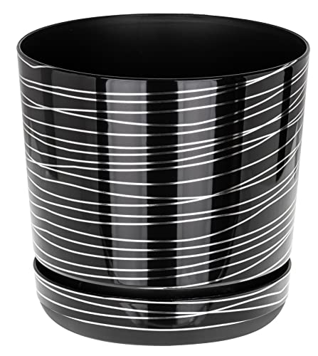 KORAD Modern Indoor Plant Pot – Small & Large Round Plastic Planter with Saucer – Black with Silver Stripes – Lightweight Decorative Pot with Drainage Holes for Succulents-(14 cm - 5.5 inch)