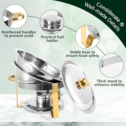 IMACONE Chafing Dish Buffet Set of 2, 5QT Round Stainless Steel Chafer for Catering, Upgraded Chafers and Buffet Warmer Sets with Food & Water Pan, Gold Frame, Fuel Holder for Party Wedding Holiday