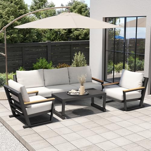 Aug-guan Aluminum Outdoor Sofa,4 Seats Modern Patio Furniture Set,Sectional Sofa Conversation Set with Coffee Table, Upgraded Washable Cushions for Garden Backyard,Grey
