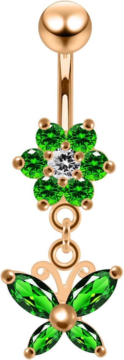 Rose Gold Plated Studded Flower with Butterfly Dangling Design 925 Sterling Silver with Stainless Steel Belly Ring - Belly Button jewelry - Navel jewelry