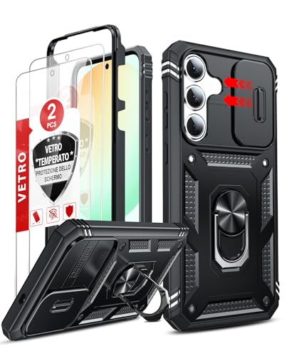 LeYi Cover per Samsung S25 FE 5G con Vetro Temperato [2 Pack],Custodia per Samsung Galaxy S25FE con Protezione Fotocamera [Slidable] Antiurto Grado Militare 360° Anello Supporto TPU Bumper Case, Nero