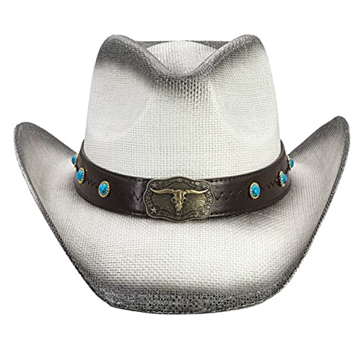 Silver Fever Fashionable Woven Straw Cowboy Hat with Cut-Outs and Beads (Gray)