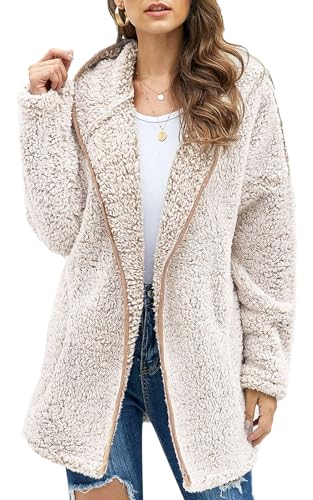 Les umes Damen-Fleece-Kapuzenmantel mit Reißverschluss, weicher Kapuzen-Cardigan, flauschiger Winterjackenmantel mit Tasche Khaki M