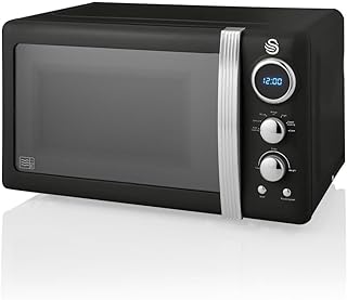 Swan SM22030LBN Retro LED Digital Microwave with Glass Turntable, 5 Power levels & Defrost Setting, 20L, 800W, Black