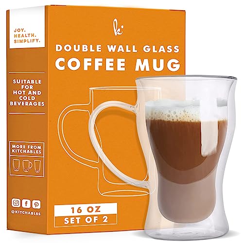 Kitchables Double Wall Glass Coffee Mugs Set Of 2, 16Oz With Handle Insulated Glass Coffee Mug Without Handle, Clear Coffee Mugs, Tasas Transparente Para Café Bonitas #TOP9