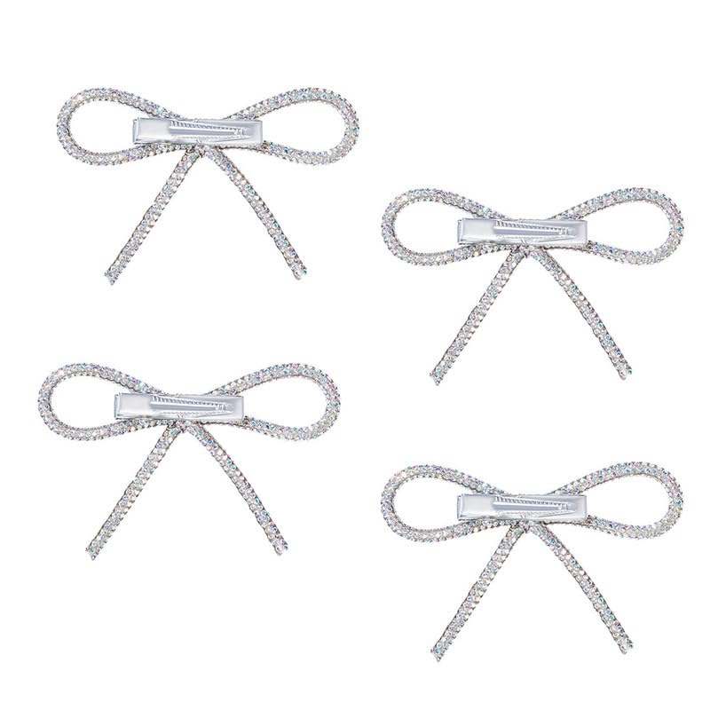 Hair Drama Co. Crystal Bows for Women, 4 Pcs - Silver Hair Bow & Glitter Bow - Embellished Hair Bow Clips - Fancy Hair Clips - Metal Hair Bow Clips - Ribbon Bow Hair Clip