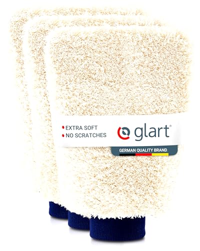 Glart 44WH3 Microfiber Car Wash Mitt 3pc Set - Car washing mitt for car care, hand wash, rims, windows, motorcycle - absorbent, lint-free, scratch-free - with elastic cuff, soft, fluffy