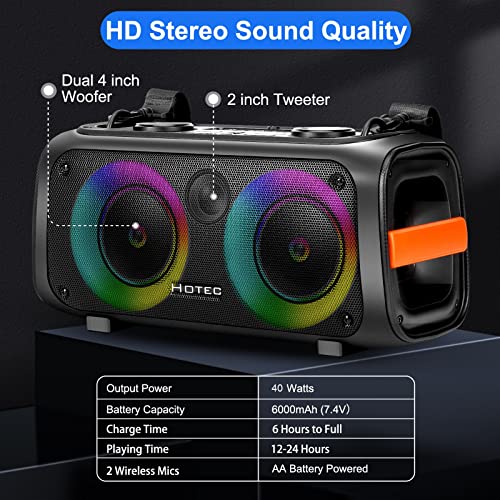 Hotec Karaoke Machine For Adults And Kids Pa Speaker With Two Wireless Microphones, Portable Bluetooth Pa Systems With Led Party Lights,Supports Tf Card/Usb, Aux In, Rec,Tws #TOP1