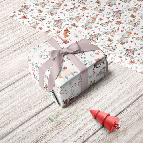GIOLAINY Woodland Christmas Wrapping Paper for Kids - Winter Forest Animals Xmas with Deer, Fox, Polar Bear, Wolf, Snow Leopard Holiday Design - 6 Jumbo Sheets (28 x 40 inches), Easy to Store
