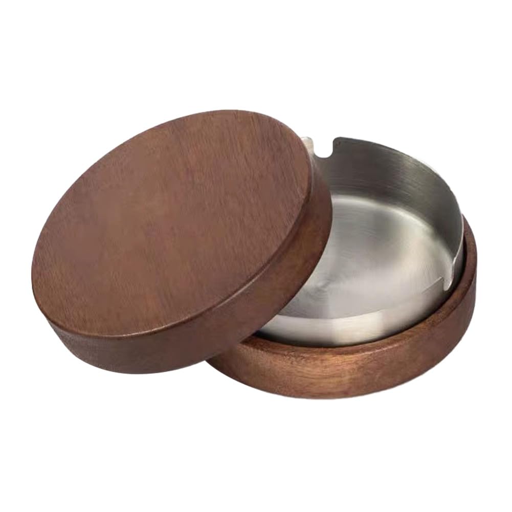 Wooden Ashtray with Lid Stainless Steel Liner Ash Tray Windproof Ashtray(Silver) (Silver)