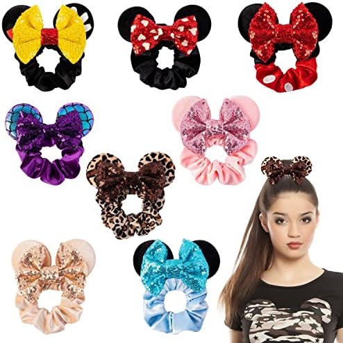 6sisc 8Pcs Mouse Ear Scrunchies Leopard Elastic Hair Bands Cute Ponytail Holder Ties Soft Velvet Sparkle Sequin Bow Scrunchy for Thin or Thick Hairs No Damage Women Accessories for Kids Girls Adults