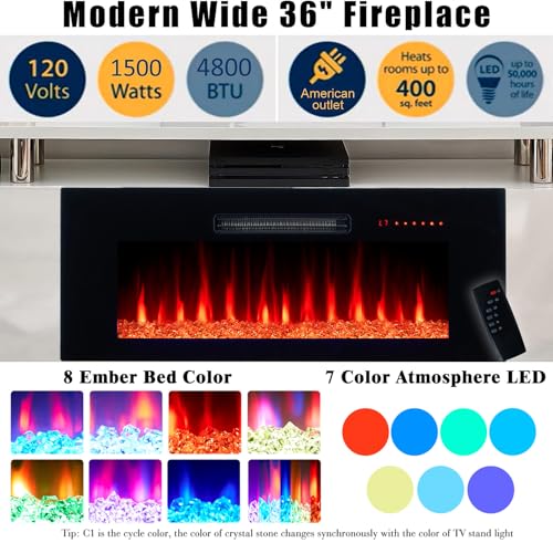 AMERLIFE Fireplace TV Stand with 36" Fireplace, 70" Modern High Gloss Fireplace Entertainment Center LED Lights, 2 Tier TV Console Cabinet for TVs Up to 80", Ivory White