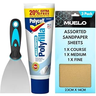 Polycell Polyfilla Ready Mixed Tube 396g All Purpose Filler Interior Exterior Plaster Wood Stone Cracks Holes Smooth Filler For Walls With Muelo Metal Wall Filler Tool 3" and 3 Mixed Grit Sandpapers