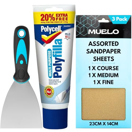 Polycell Polyfilla Ready Mixed Tube 396g All Purpose Filler Interior Exterior Plaster Wood Stone Cracks Holes Smooth Filler For Walls With Muelo Metal Wall Filler Tool 3 and 3 Mixed Grit Sandpapers