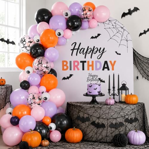 Image of Halloween Balloons Pastel Pink Black Spooky One Halloween Party Decorations | Pink Purple Balloon with 3D Bat Sticker Eyeball Bat Print Balloon for Girl Cute Ghost Night Baby Shower Birthday Party Decor