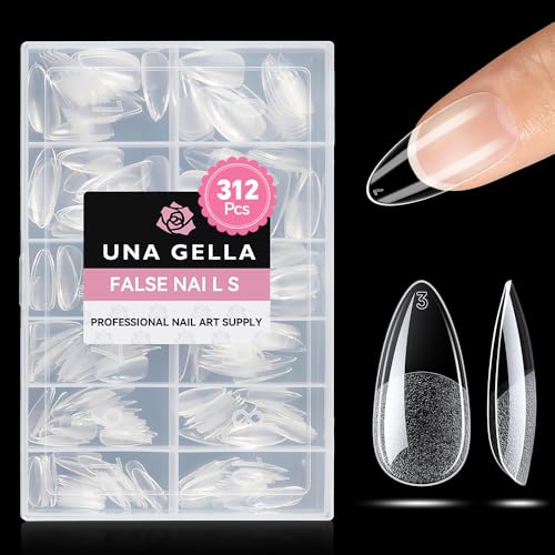 UNA GELLA Capsule Américaine Ongle Amande Medium, 312 Pièces 12 Tailles Demi-Mate, Gel Souple Sans Courbe C, Faux Ongles Transparents pour Extensions Ongles...