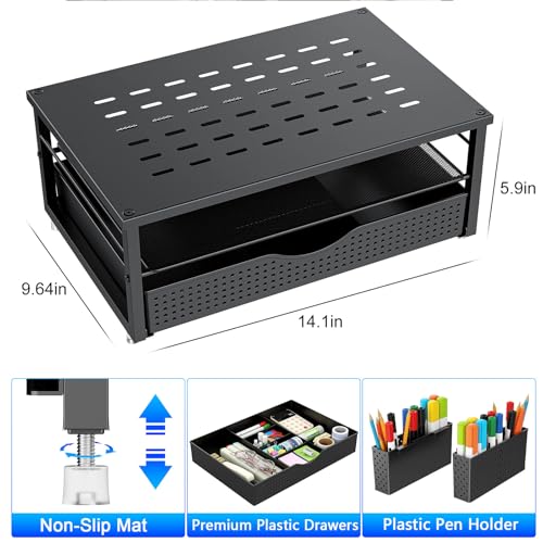 gianotter Desk Organizers and Accessories, Monitor Stand with Drawer and 2 Pen Holder, Desktop Organizer Suitable for Offices and Dormitories (Black)