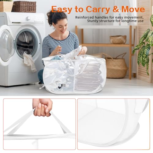 Image of Durable Collapsible Foldable Mesh Pop Up Laundry Basket, 2 Compartments Easy to Carry & Sort Clothes Hampers for Home, Dorm, Travel White