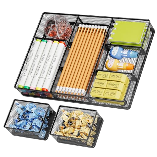 Marbrasse 3 Packs Desk Drawer Organizers, Metal Mesh Dividers Desk Drawer Organizer Tray with 9 Adjustable Compartments, Pen Organizer for Drawer Tray Box Accessories for Desktop,Kitchen, Makeup