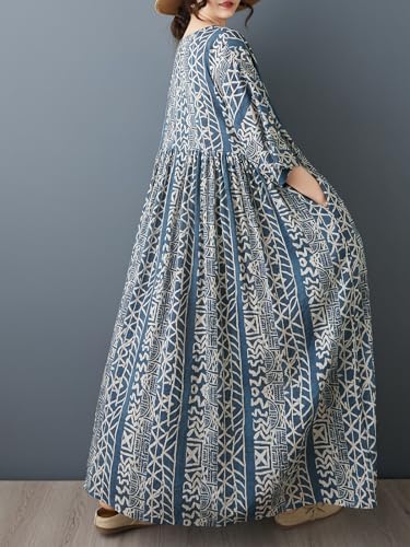 Image of Women Plus Size Dresses Summer Vintage Print O Neck Oversized Boho Vacation Casual Robe with Side Pockets