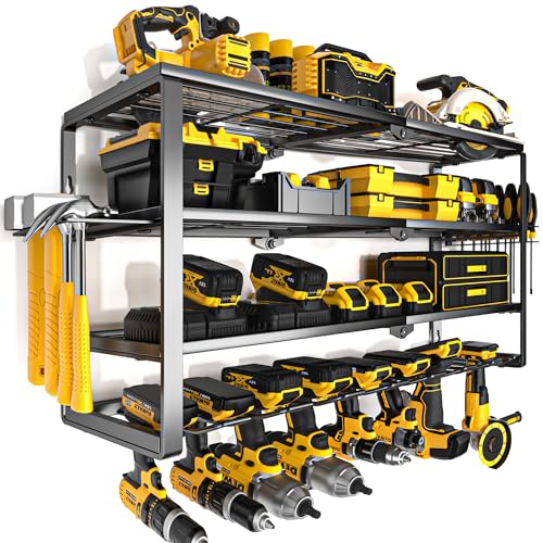 YYR 4 Layer Power Tool Organizer Wall Mount, Cordless Drill Hanger Storage Rack, Battery Tools Holder with Charging Station Shelf for Garage Organization, Workshop, Pegboard, Shed – 32 Inch 8 Slots