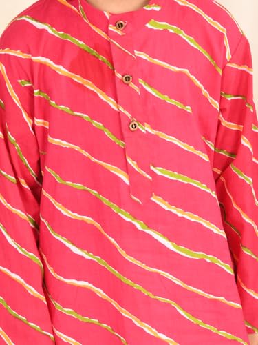 Image of superminis Cotton Boys Sanganeri Lehariya Printed Kurta Set with White Pyjama Elastic Closure