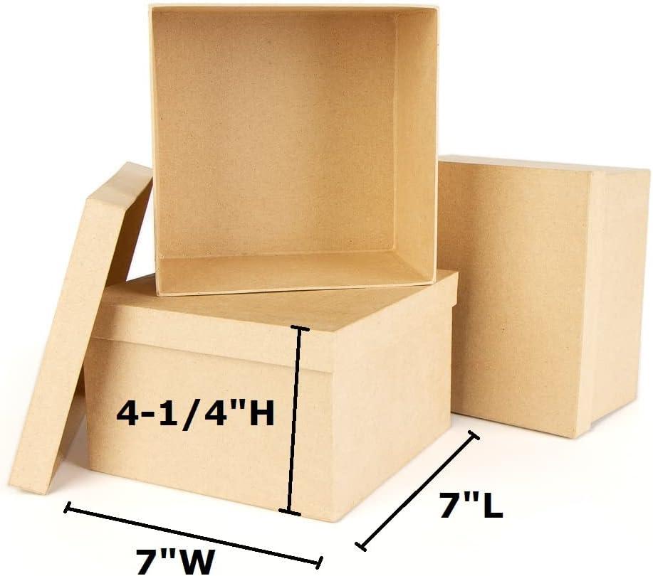 Pack of 3 Paper Mache Square Boxes - Blank Premade Papier Mache Square Shaped Cardboard Craft Boxes with Lids for Gifts, Candies and More. (7" x 7")
