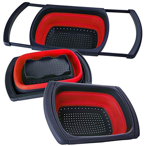 Over-the-Sink Collapsible Colander, Food-Grade-Silicone kitchen Strainer with Extendable Handles ,Space-Saver，Folding Strainer for Kitchen，6-quart Capacity, Dishwasher-Safe，BPA Free (Red&Grey)