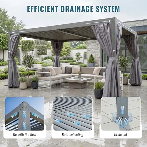 Domi 12x16FT Louvered Pergola Aluminum Structure Outdoor Pergola with Adjustable Roof Patio Pergola for Backyard Garden, Curtains and Netting, Dark Gray - Image 4