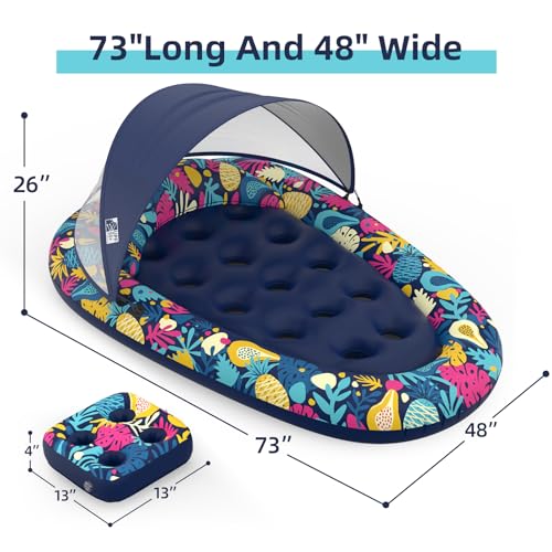 Image of Sunikko X 3-in-1 Pool Floats with Canopy Cup Holder, Tanning Pool Large 73 inch x 48 inch Float Adult Heavy Duty, Inflatable Lounger Raft Floating Chair with Backrest, Swimming Pool Lake Beach Party
