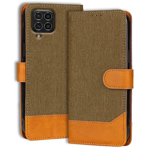 Image of Accesorios Denim & Leather Flip Cover for Samsung F62 | Inbuilt Stand & Pockets | Premium Leather Mobile Phone Case Samsung Galaxy F62 (Dark Brown)