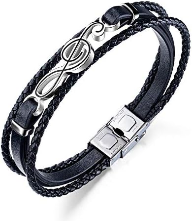 TEMICO Men's Leather Cuff Bracelet Black Brown Multilayer Braided Rope Guitar Treble Clef Music Note Jewelry Bangle Adjustable