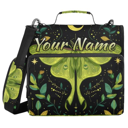 Image of Custom 3 Ring Zipper Binder Mystical Green Moon Moth Boho Personalized Name 1.5 Inch Binders Large Capacity Multi Pockets for School Office Supplies