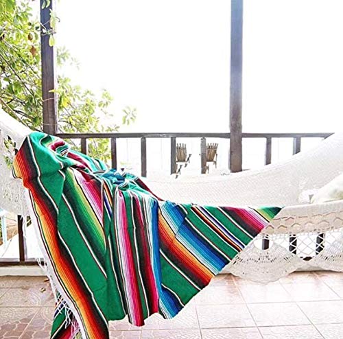 Jqz Mexican Serape Blanket With Tassel Bright Colorful Stripe Rainbow Throw Blanket Yoga Beach Blanket Tablecloth Sofa Cover(Green, 60" X 82") #TOP5