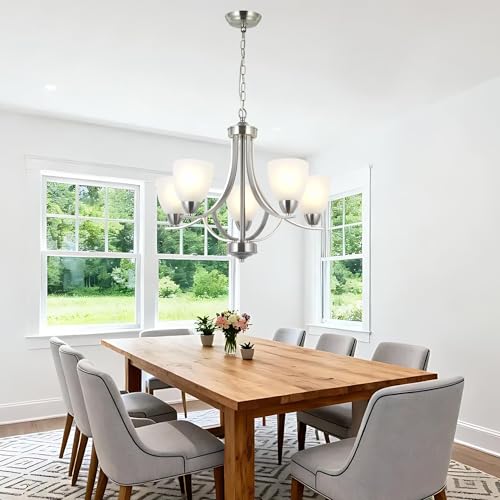 VINLUZ 5 Light Contemporary Chandeliers Brushed Nickel Modern Light Fixtures Ceiling Hanging Industrial Pendant Lighting for Foyer Bedroom Dining Room Bathroom by VINLUZ - Image 2