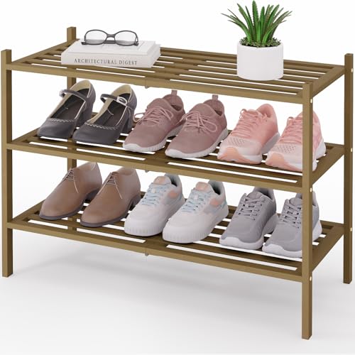 Image of Smiry Bamboo Shoe Rack, 5 Horizontal Slats, 3 Tier - 26.8 inch Wide, Walnut