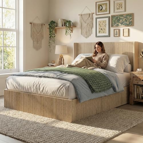 MoproBeti Lift Up Storage Bed Queen, Mid Century Hydraulic Lift Queen Storage Bed with Raised Wingback Headboard, Space Saving Storage, Heavy Duty Steel & Wood Slats,No Box Spring Needed,Oak