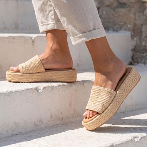 Image of Monrovia Platform Sandals Women Raffia Espadrille Slides, Woven Straw Flatform Beach Sandals Women, Slip On Summer Vacation Shoes, Comfortable Casual Daily Wear