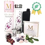 Butterflies Double-Walled Glass Water Bottle with Crystals Inside, Eco-Friendly Crystal Gifts for Women, Rose Quartz White Crystal and Amethyst, For Hot and Cold Drinks, Loose Leaf Tea Infuser