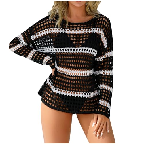 Ruziyoog Women's Long Sleeve Crochet Tops Sexy Hollow Out Fishnet See Through T Shirts Beach Cover Ups for Women Trendy 2025 - Main Image