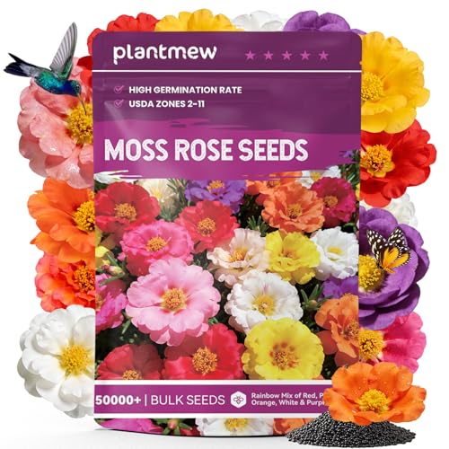 Moss Rose Seeds Bulk Pack - 50 000+ Heirloom Portulaca Seeds for Planting Outdoors Rainbow Color Mix Drought-Tolerant Ground Cover & Container Flowers USDA Zones 2-11