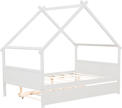 Hanway Cama nido de casa individual, doble funcionalidad que ahorra espacio, diseño elegante, perfecta para habitaciones de niños (blanco)