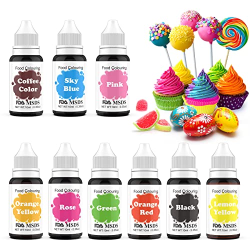 MENNYO Colorante alimentare 9 x 10 ml, set di colori liquidi per la decorazione di torte, macaron, saponi fai da te, ciambelle, fondenti, glassa, gelato, sapone, pittura a spruzzo