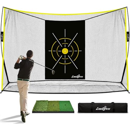 LIBERRWAY Golf Practice Net, 10x7x3ft Heavy Duty Driving Range Net with Tri-Turf Mat, 6 Golf Balls...