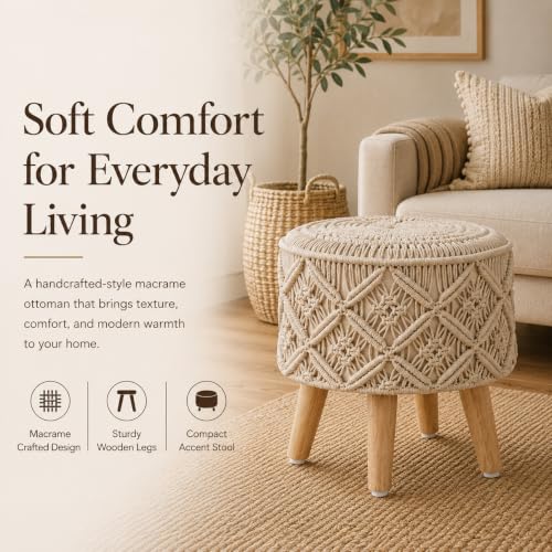 Image of Macrame Ottoman for Living Room | Handcrafted Woven Foot Rest Stool with Solid Wooden Legs | Pouffe for Sitting, Foot Stool for Bedroom & Home Decor | 16x16x18 Inch (Beige)