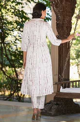 Image of Janasya Women's White Pure Cotton Tie & Dye With Mirror Work A-line Kurta Pant Set